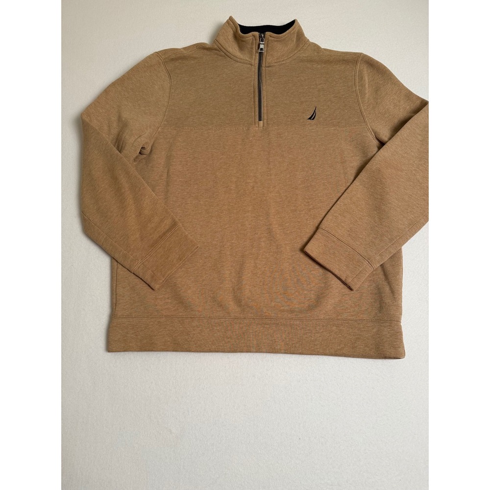 Nautica Mens Large Quarter Zip Pullover Camel Brown Heather Fleece Sweatshirt